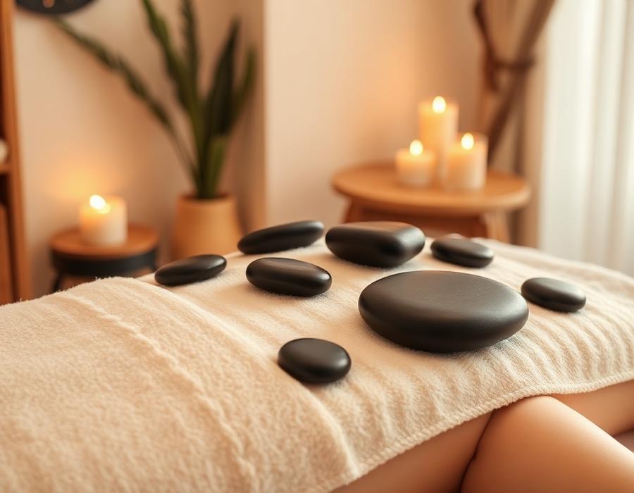 Batu hot stone hitam di atas handuk hangat dengan lilin di ruangan yang tenang