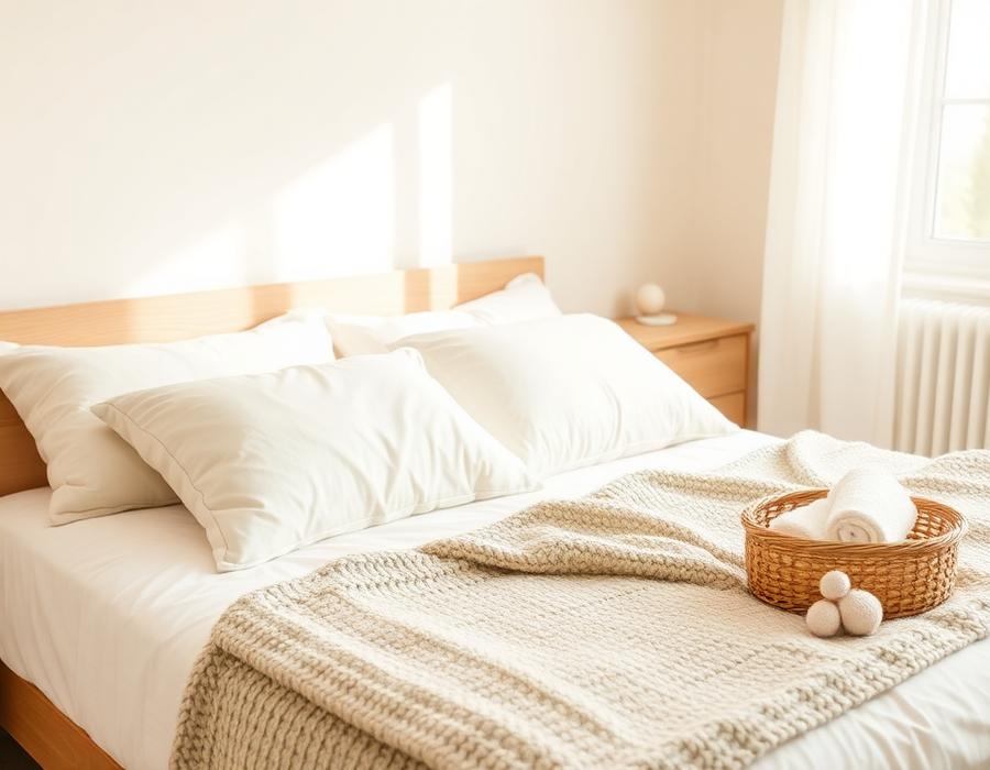 Tempat tidur dengan bantal penyangga empuk dan keranjang handuk di kamar yang terang