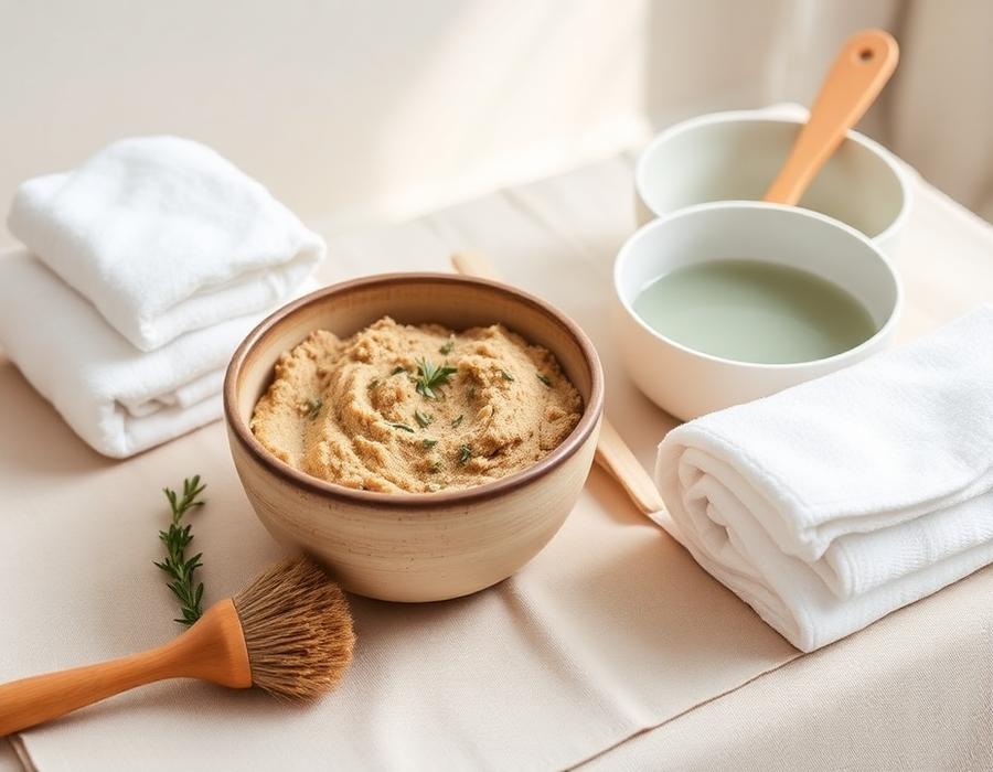 Mangkuk lulur scrub alami, kuas, dan handuk putih di atas kain linen