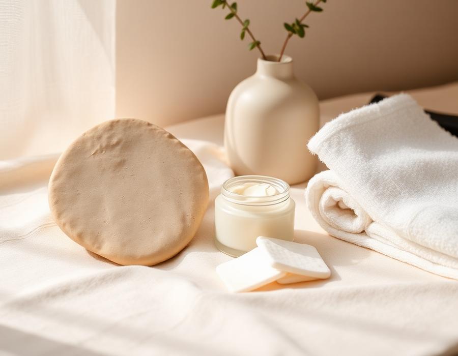 Perlengkapan perawatan wajah berupa gua sha, krim, dan handuk putih di atas kain linen